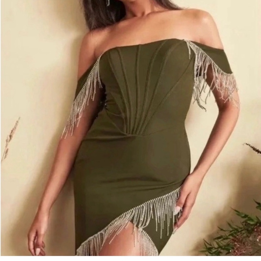 Lavish Alice Asymmetrical Olive Dress with Fringe